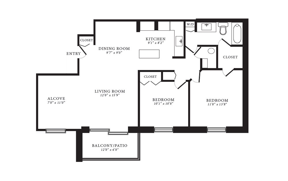 Juniper II - 2 bedroom floorplan layout with 1 bath and 988 square feet.