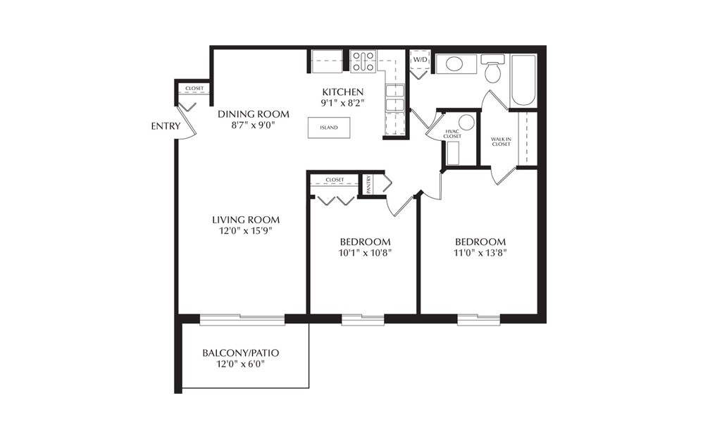 Juniper - 2 bedroom floorplan layout with 1 bath and 886 square feet.