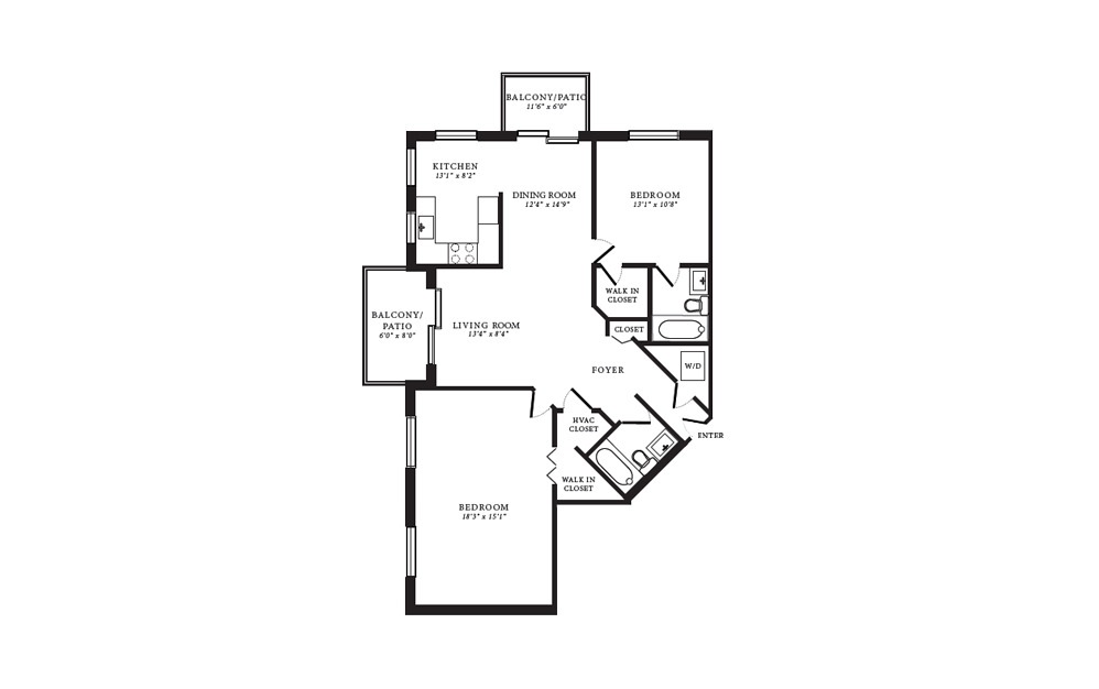 Redwood II - 2 bedroom floorplan layout with 2 baths and 1087 square feet.