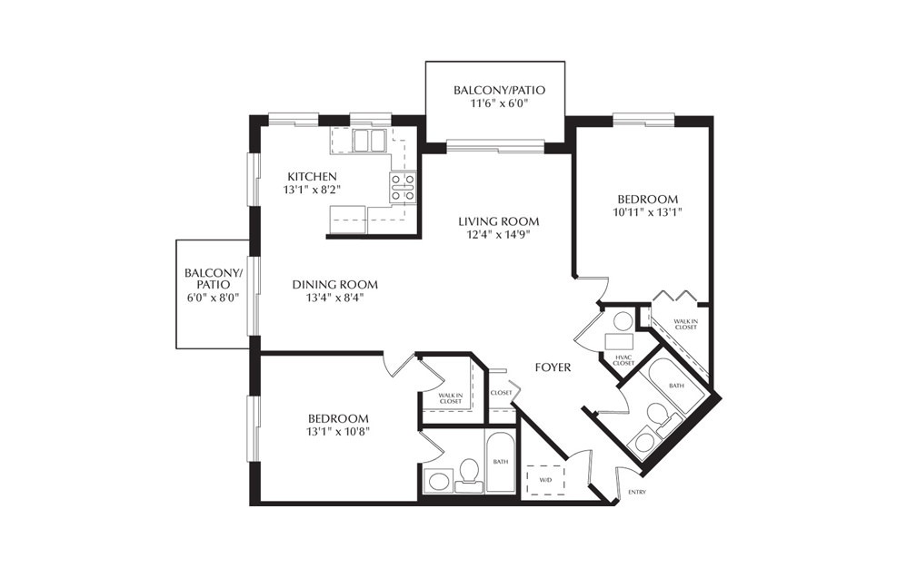 Redwood - 2 bedroom floorplan layout with 2 bathrooms and 993 square feet