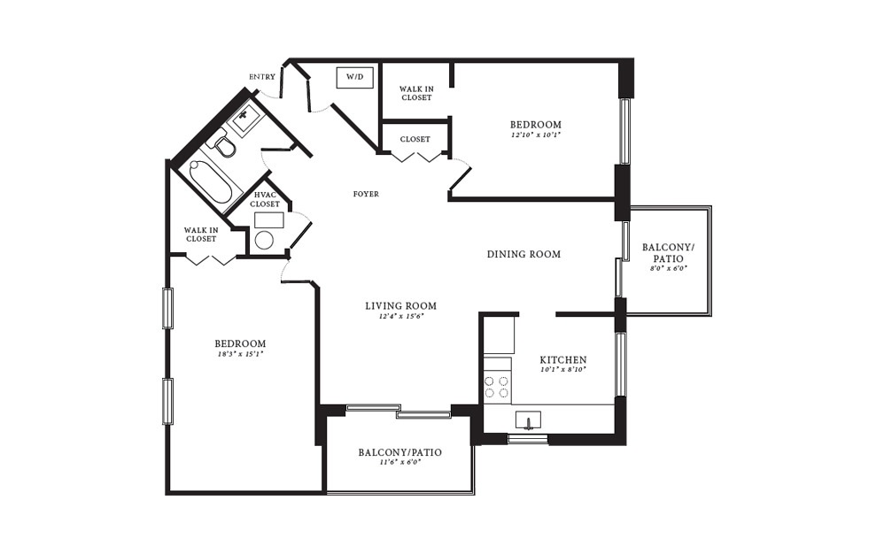 Willow II - 2 bedroom floorplan layout with 1 bath and 975 square feet.