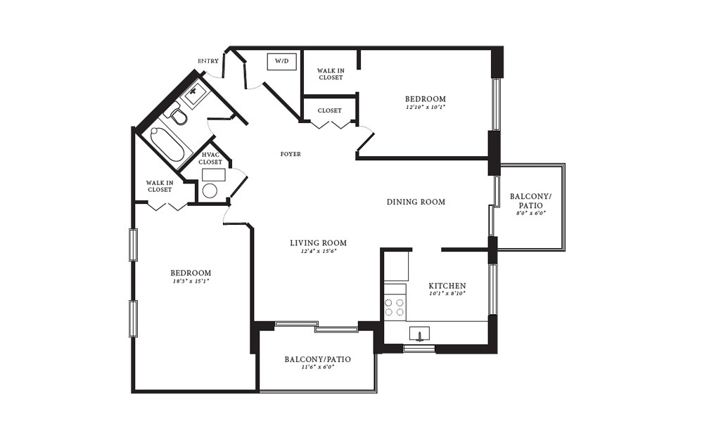 Willow II - 2 bedroom floorplan layout with 1 bathroom and 975 square feet