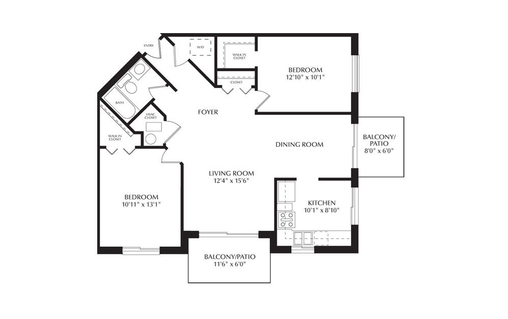 Willow - 2 bedroom floorplan layout with 1 bath and 906 square feet.